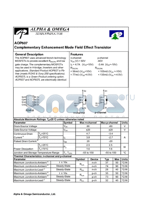 AOP607 datasheet - Complementary Enhancement Mode Field Effect Transistor