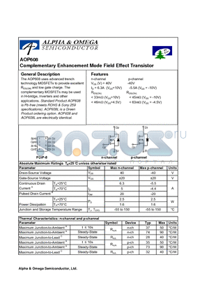 AOP608 datasheet - Complementary Enhancement Mode Field Effect Transistor