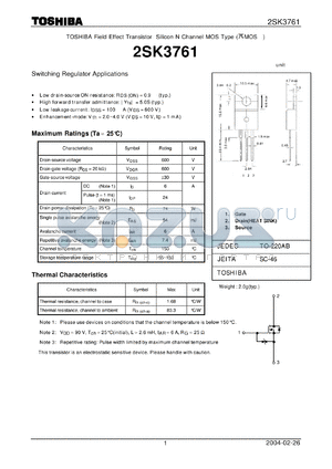 2SK3761 datasheet - TOSHIBA Field Effect Transistor Silicon N Channel MOS Type (PIE-MOS4)