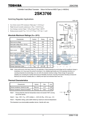 2SK3766 datasheet - Silicon N-Channel MOS Type Switching Regulator Applications