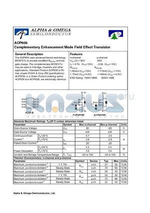 AOP609L datasheet - Complementary Enhancement Mode Field Effect Transistor