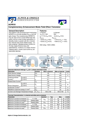 AOP610 datasheet - Complementary Enhancement Mode Field Effect Transistor