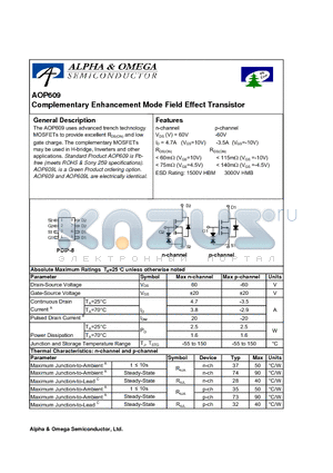 AOP609 datasheet - Complementary Enhancement Mode Field Effect Transistor