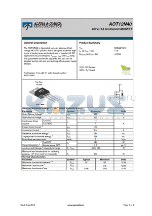 AOT12N40 datasheet - 400V,11A N-Channel MOSFET