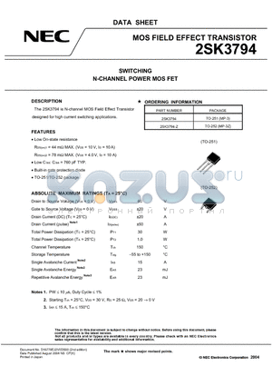 2SK3794-Z datasheet - SWITCHING N-CHANNEL POWER MOSFET