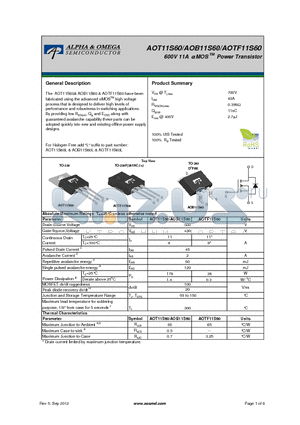 AOT11S60 datasheet - 600V 11A a MOS Power Transistor