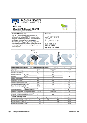 AOT1N60 datasheet - 1.3A, 600V N-Channel MOSFET