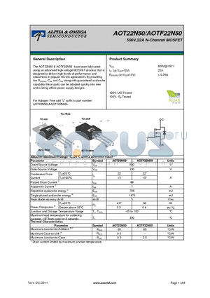 AOT22N50 datasheet - 500V,22A N-Channel MOSFET