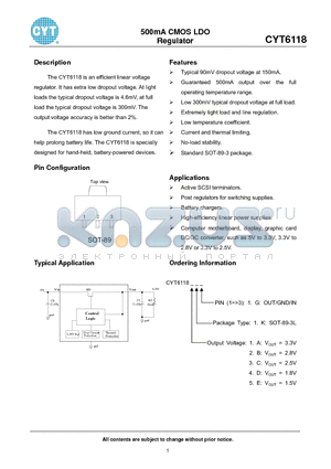 CYT6118AKG datasheet - 500mA CMOS LDO Regulator