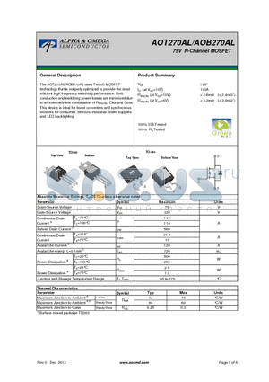 AOT270AL datasheet - 75V N-Channel MOSFET