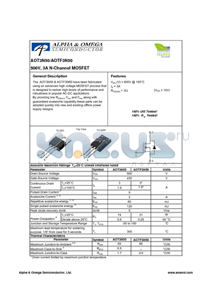 AOT3N50 datasheet - 500V, 3A N-Channel MOSFET