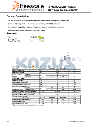 AOT3N50 datasheet - 500V, 3A N-Channel MOSFET