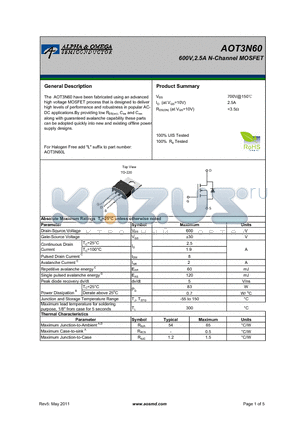 AOT3N60 datasheet - 600V,2.5A N-Channel MOSFET