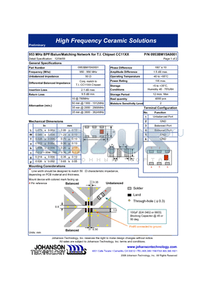 0953BM15A0001 datasheet - 953 MHz BPF/Balun/Matching Network for T.I. Chipset CC11XX