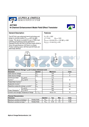 AOT402 datasheet - N-Channel Enhancement Mode Field Effect Transistor