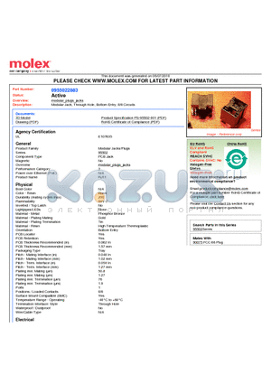 0955022883 datasheet - Modular Jack, Through Hole, Bottom Entry, 8/8 Circuits