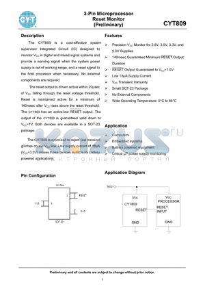 CYT809 datasheet - 3-Pin Microprocessor Reset Monitor (Preliminary)