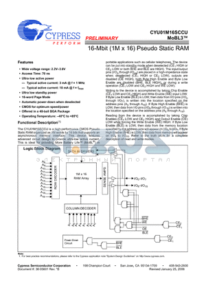 CYU01M16SCCU-70BVXI datasheet - 16-Mbit (1M x 16) Pseudo Static RAM