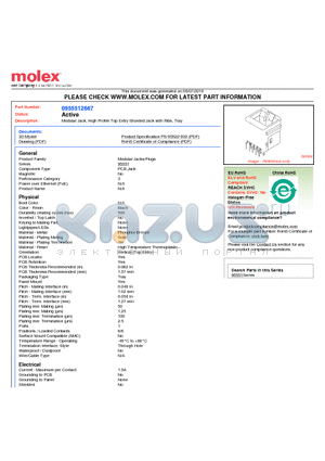 0955512667 datasheet - Modular Jack, High Profile Top Entry Shunted Jack with Ribs, Tray