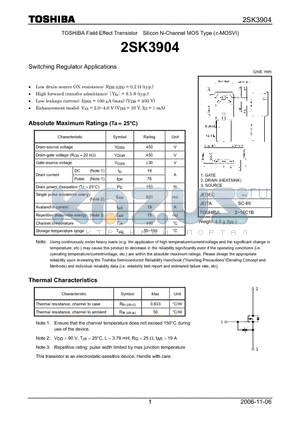 2SK3904 datasheet - Silicon N-Channel MOS Type Switching Regulator Applications