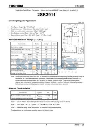 2SK3911 datasheet - Silicon N-Channel MOS Type Switching Regulator Applications