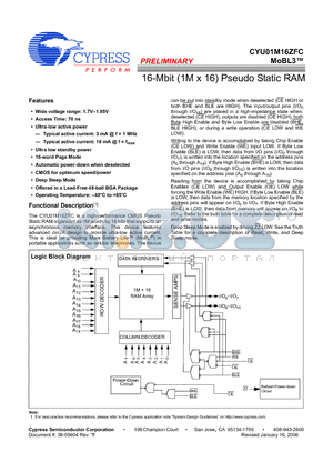 CYU01M16ZFC datasheet - 16-Mbit (1M x 16) Pseudo Static RAM