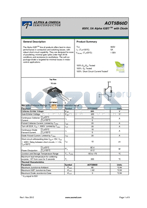 AOT5B60D datasheet - 600V, 5A Alpha IGBT with Diode