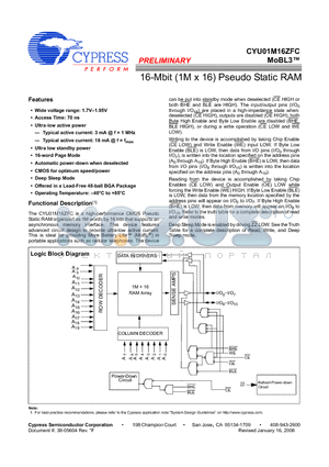 CYU01M16ZFCU-70BVXI datasheet - 16-Mbit (1M x 16) Pseudo Static RAM