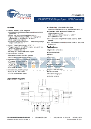 CYUSB3011-BZXC datasheet - EZ-USB^ FX3 SuperSpeed USB Controller