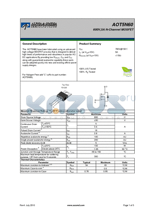 AOT5N60 datasheet - 600V,5A N-Channel MOSFET