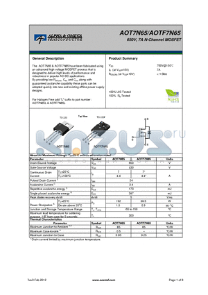 AOT7N65 datasheet - 650V, 7A N-Channel MOSFET