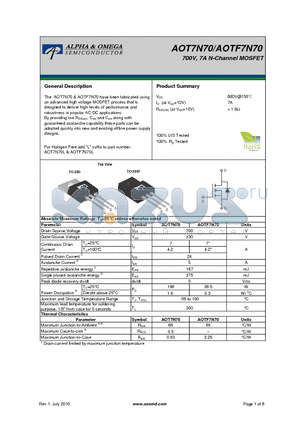 AOT7N70 datasheet - 700V, 7A N-Channel MOSFET