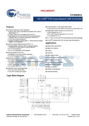 CYUSB3014_1107 datasheet - EZ-USB FX3 SuperSpeed USB Controller