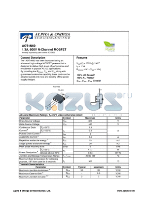 AOT9600 datasheet - 1.3A, 600V N-Channel MOSFET