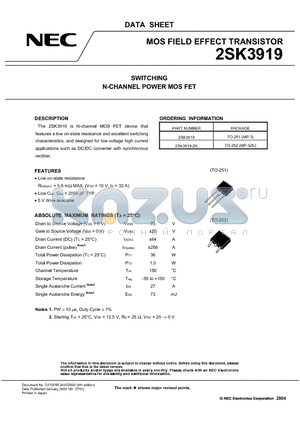 2SK3919-ZK datasheet - SWITCHING N-CHANNEL POWER MOSFET