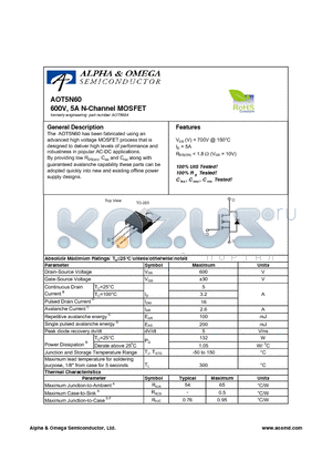 AOT9604 datasheet - 600V, 5A N-Channel MOSFET