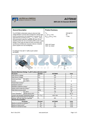 AOT9N40 datasheet - 400V,8A N-Channel MOSFET