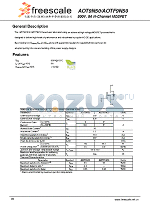 AOT9N50 datasheet - 500V, 9A N-Channel MOSFET