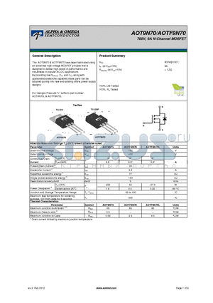 AOT9N70 datasheet - 700V, 9A N-Channel MOSFET