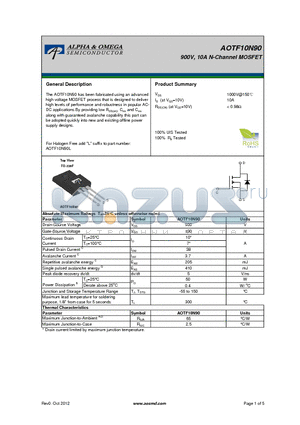 AOTF10N90 datasheet - 900V, 10A N-Channel MOSFET