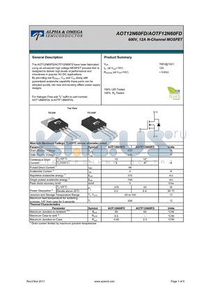AOTF12N60FD datasheet - 600V, 12A N-Channel MOSFET