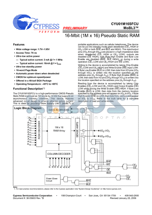 CYU01M16SFCU-70BVXI datasheet - 16-Mbit (1M x 16) Pseudo Static RAM