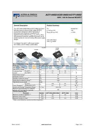 AOTF14N50 datasheet - 500V, 14A N-Channel MOSFET