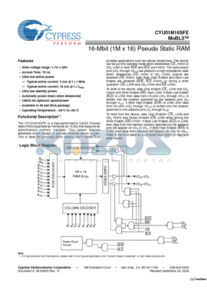 CYU01M16SFEU-70BVXI datasheet - 16-Mbit (1M x 16) Pseudo Static RAM