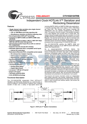 CYV15G0104 datasheet - Independent Clock HOTLink II Serializer and Reclocking Deserializer