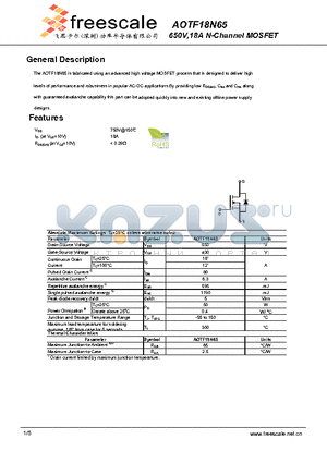 AOTF18N65 datasheet - 650V,18A N-Channel MOSFET