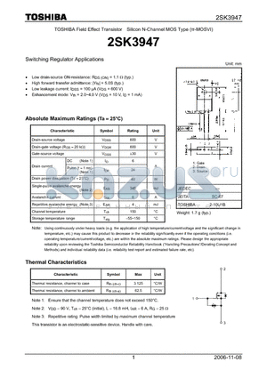2SK3947 datasheet - Silicon N-Channel MOS Type Switching Regulator Applications