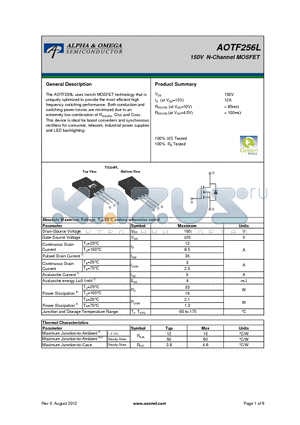 AOTF256L datasheet - 150V N-Channel MOSFET