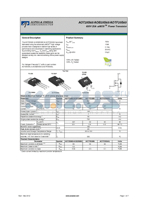 AOTF25S65 datasheet - 650V 25A a MOS Power Transistor