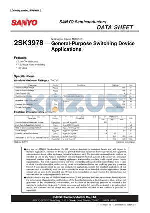 2SK3978 datasheet - N-Channel Silicon MOSFET General-Purpose Switching Device